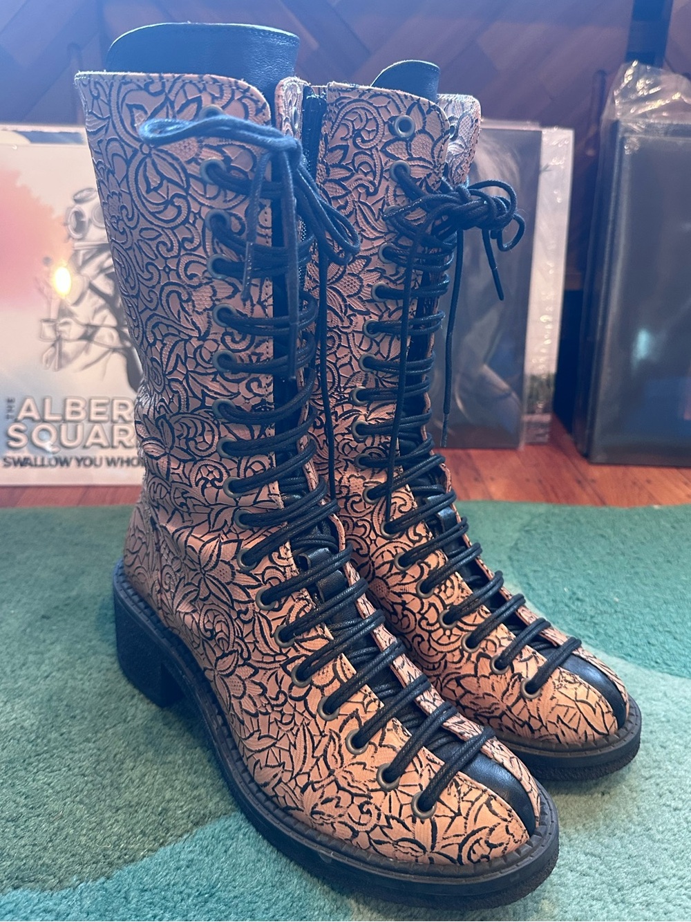 Fluevog EXCELLENT Slacker Vagabond beige floral embossed mid-calf boots- 9.5 (9)
